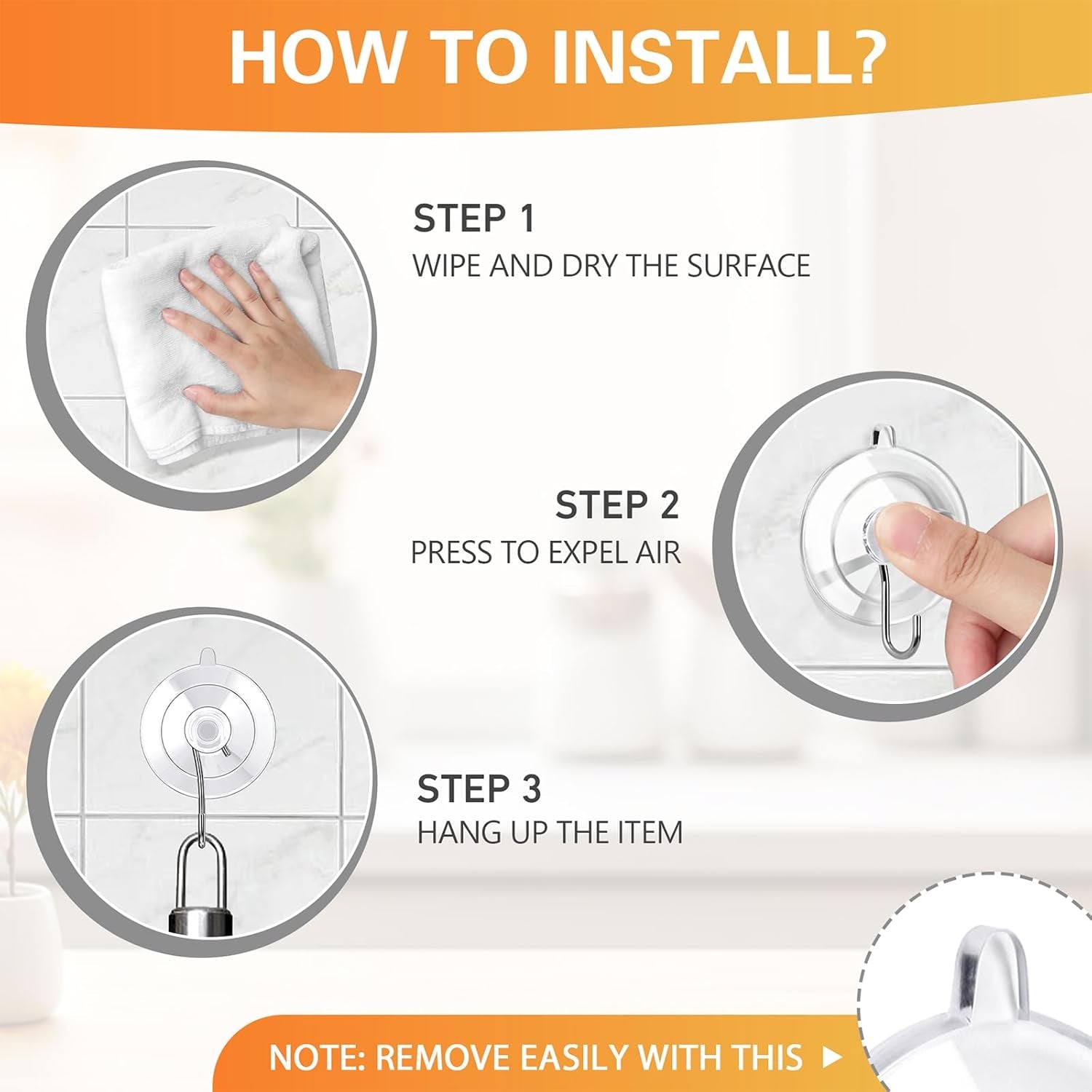 Suction Cup Hooks 16Pack Assorted Size- 6 Small 8 Medium 2 Large, Clear Suction Cup, Stainless Steel Hook, for Tile, Glass, Window, Shower, Kitchen, Bathroom