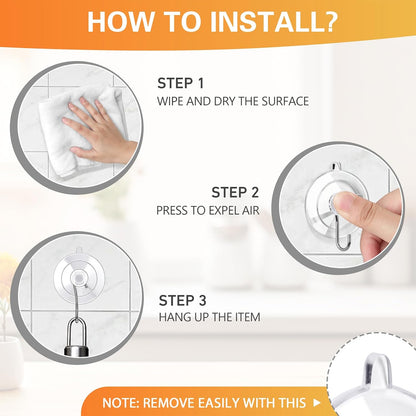 Suction Cup Hooks 16Pack Assorted Size- 6 Small 8 Medium 2 Large, Clear Suction Cup, Stainless Steel Hook, for Tile, Glass, Window, Shower, Kitchen, Bathroom