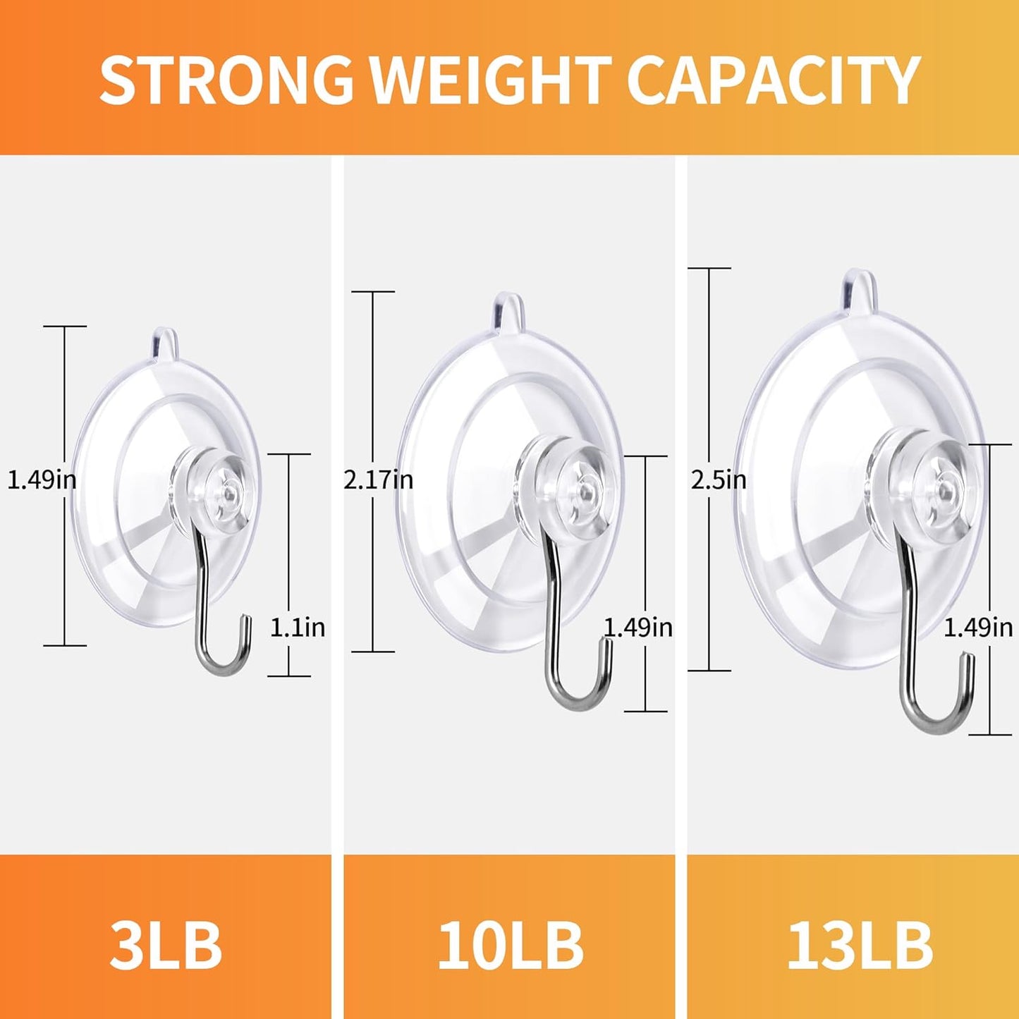 Suction Cup Hooks 16Pack Assorted Size- 6 Small 8 Medium 2 Large, Clear Suction Cup, Stainless Steel Hook, for Tile, Glass, Window, Shower, Kitchen, Bathroom