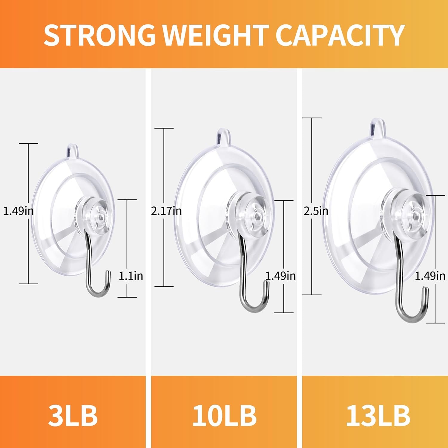 Suction Cup Hooks 16Pack Assorted Size- 6 Small 8 Medium 2 Large, Clear Suction Cup, Stainless Steel Hook, for Tile, Glass, Window, Shower, Kitchen, Bathroom
