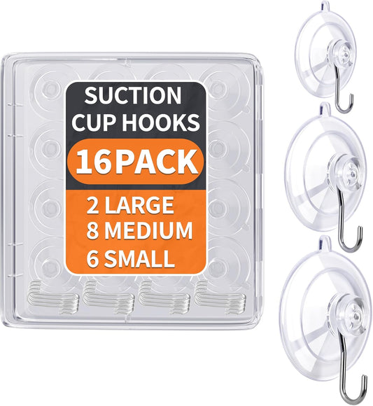 Suction Cup Hooks 16Pack Assorted Size- 6 Small 8 Medium 2 Large, Clear Suction Cup, Stainless Steel Hook, for Tile, Glass, Window, Shower, Kitchen, Bathroom