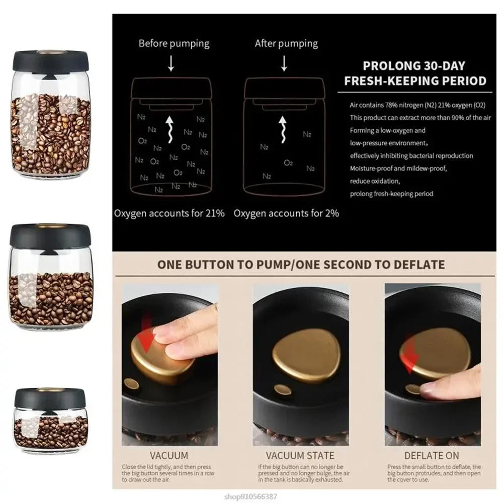 Premium Vacuum-Sealed Coffee Bean Storage Jar - Airtight Transparent Glass Container for Freshness and Moisture Protection