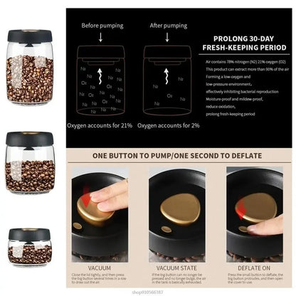 Premium Vacuum-Sealed Coffee Bean Storage Jar - Airtight Transparent Glass Container for Freshness and Moisture Protection