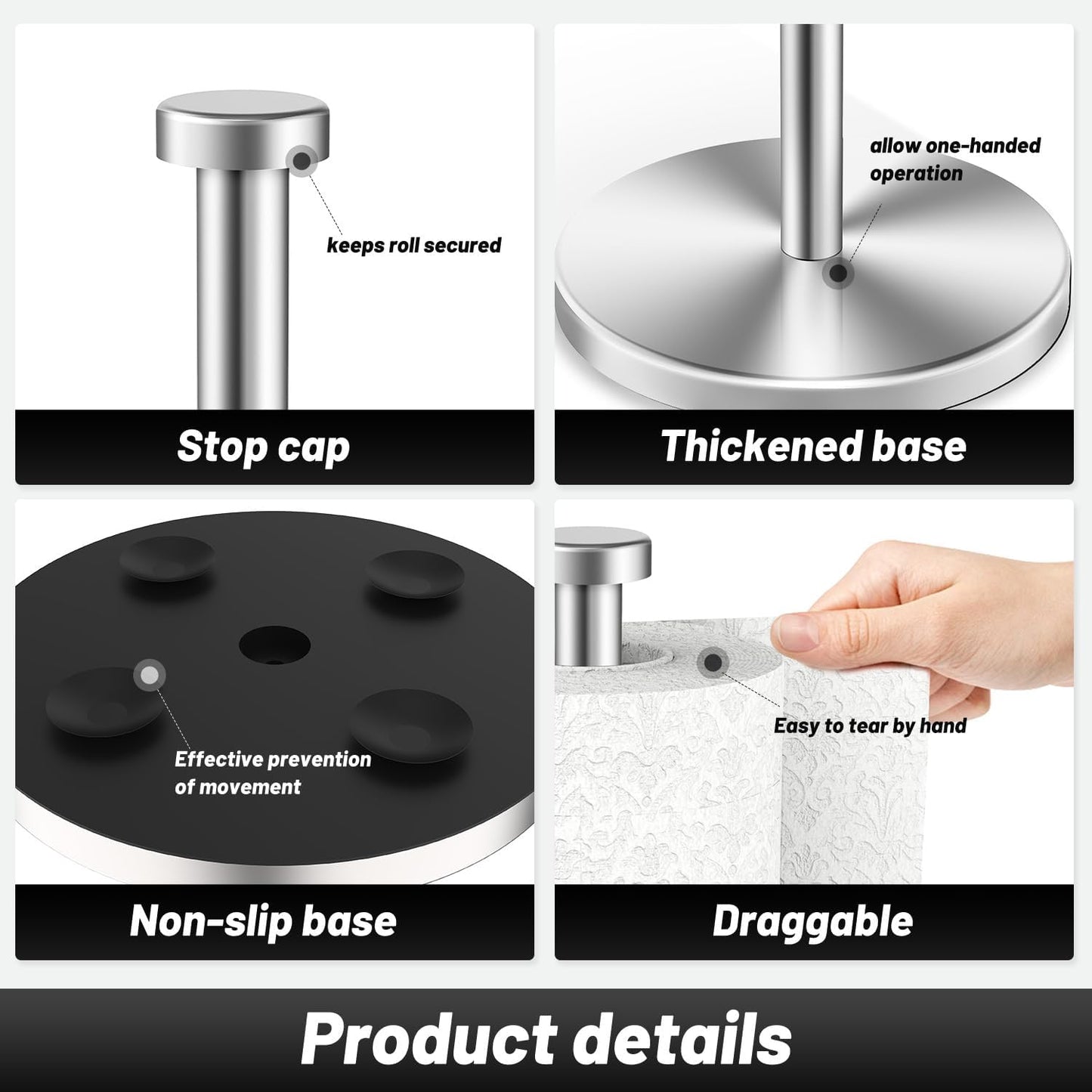 Stylish Stainless Steel Paper Towel Holder with Weighted Base & Suction Cups - Perfect for Kitchen & Bathroom