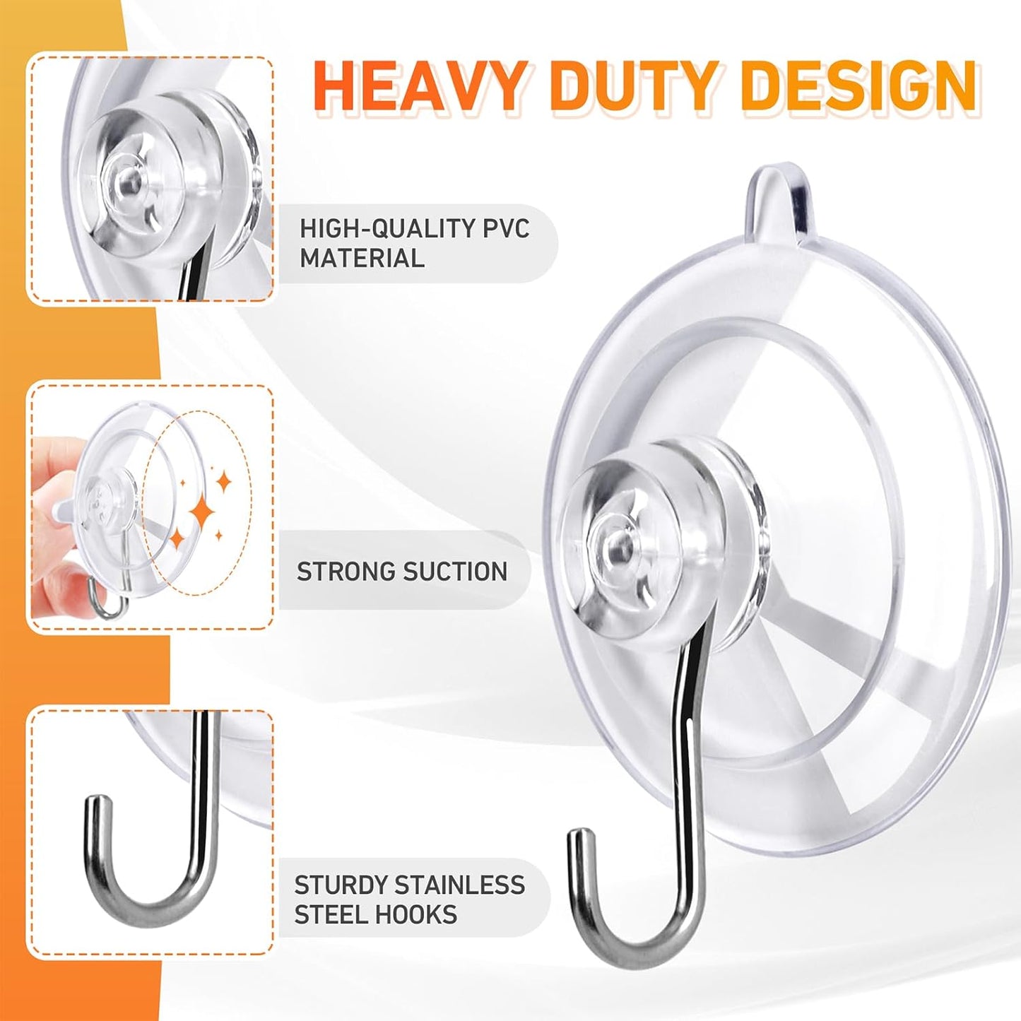 Suction Cup Hooks 16Pack Assorted Size- 6 Small 8 Medium 2 Large, Clear Suction Cup, Stainless Steel Hook, for Tile, Glass, Window, Shower, Kitchen, Bathroom