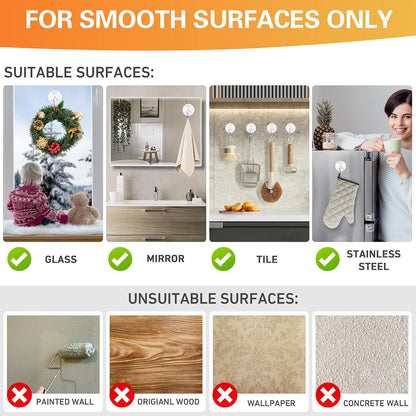 Suction Cup Hooks 16Pack Assorted Size- 6 Small 8 Medium 2 Large, Clear Suction Cup, Stainless Steel Hook, for Tile, Glass, Window, Shower, Kitchen, Bathroom