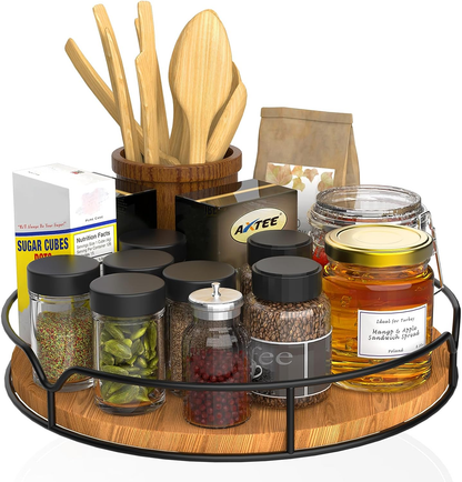 Stylish 9" Carbonized Black Pine Wood Lazy Susan Turntable Organizer for Kitchen, Pantry & Bath