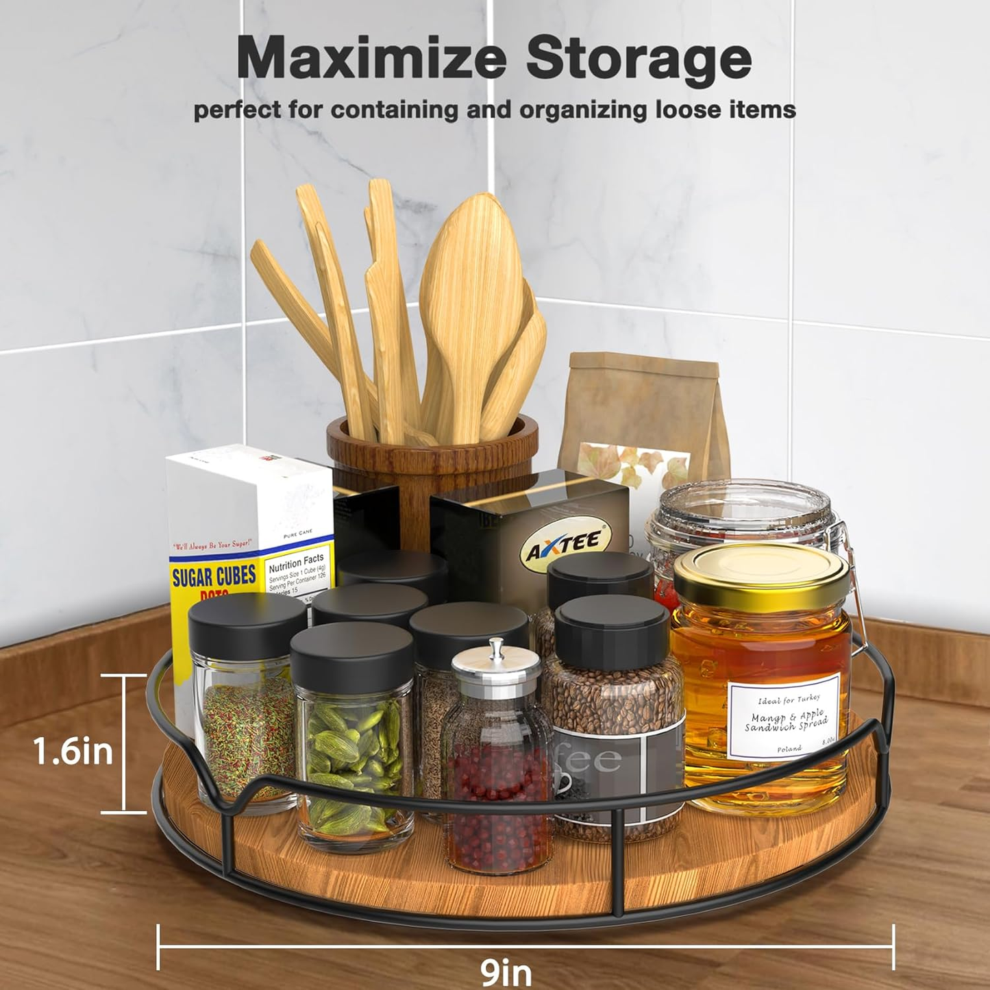 Stylish 9" Carbonized Black Pine Wood Lazy Susan Turntable Organizer for Kitchen, Pantry & Bath