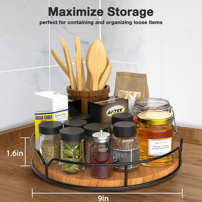 Stylish 9" Carbonized Black Pine Wood Lazy Susan Turntable Organizer for Kitchen, Pantry & Bath