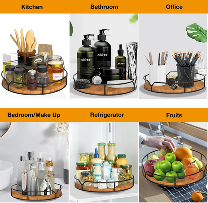 Stylish 9" Carbonized Black Pine Wood Lazy Susan Turntable Organizer for Kitchen, Pantry & Bath