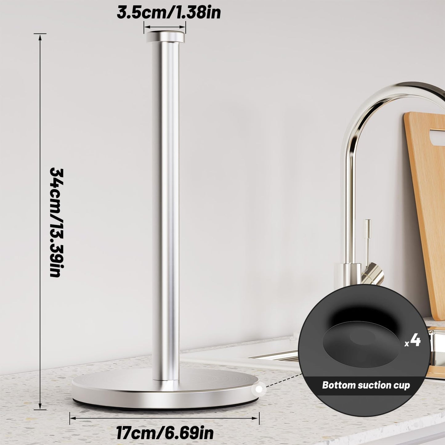 Stylish Stainless Steel Paper Towel Holder with Weighted Base & Suction Cups - Perfect for Kitchen & Bathroom
