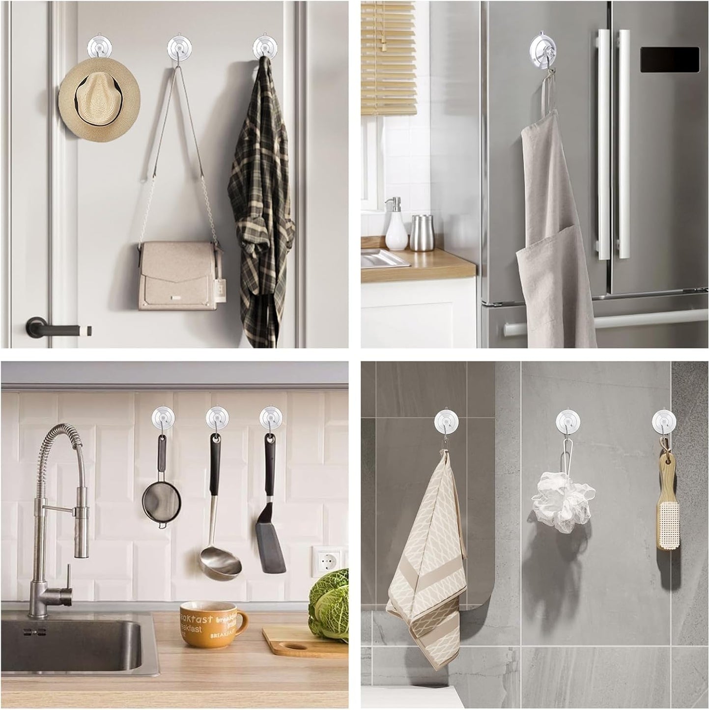 Suction Cup Hooks 16Pack Assorted Size- 6 Small 8 Medium 2 Large, Clear Suction Cup, Stainless Steel Hook, for Tile, Glass, Window, Shower, Kitchen, Bathroom